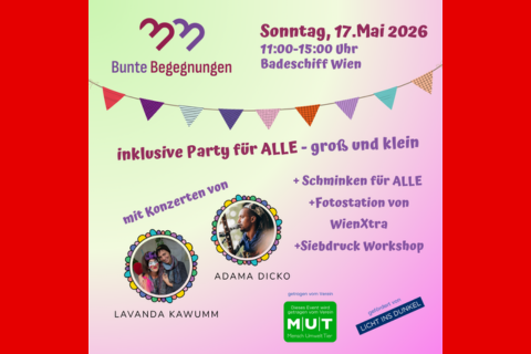 Die Einladung der Bunten Begegnungen am 17. Mai von 11 bis 15 Uhr am Badeschiff zeigt Fotos von Adamo Dicko und Lavanda Kawumm, die ein Konzert geben werden. Auf dem Bild ist eine bunte Girlande und die Programmpunkte Schminken, Fotostation und Siebdruck Workshop. 