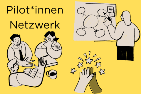 Alt-Text: Auf der Grafik sind mehrere Personen zu sehen, die sich über Ideen unterhalten. Dahinter steht eine Person, die Kreise auf ein Flipchart zeichnet. Zwei Hände klatschen ein. Das Bild soll symbolisieren, dass gemeinsam an neuen Ideen gearbeitet wird.