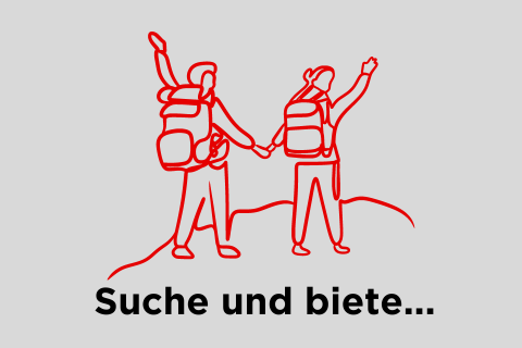 Das Bild zeigt zwei Personen beim Wandern. Darunter ist der Schriftzug "Suche und biete..."