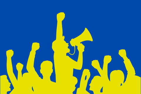 Auf dem Bild sieht man die Umrisse von demonstrierenden Menschen in neongrüner Farbe vor einem blauen Hintergrund. Eine Person hat ein Megaphon in der Hand.