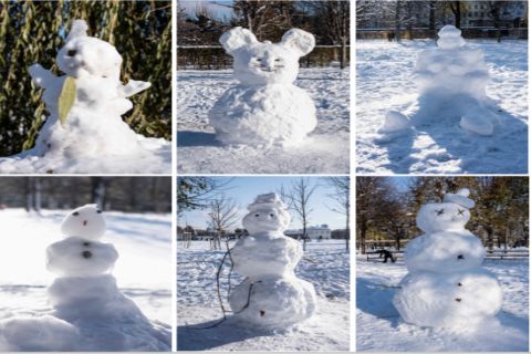 Sechs Schneefiguren in der Weihnachtszeit