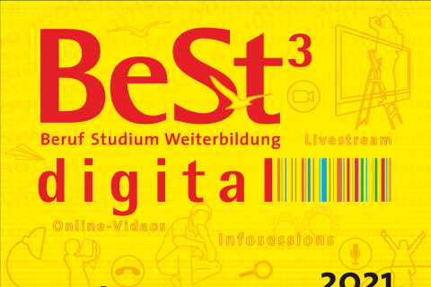 Das Bild zeigt die Überschrift Best3 Beruf Studium Weoterbildung Digital in roten Buchstaben auf gelbem Hintergrud
