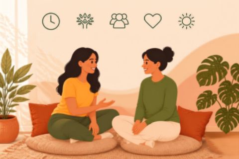 Zwei Personen, die sich unterhalten, mit Symbolen über ihren Köpfen für: Zeit, Wachstum, Gemeinschaft, Liebe, Sonne.