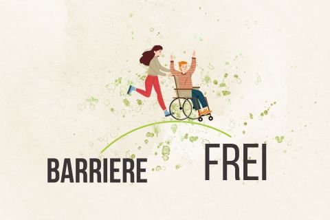 Auf dem Bild stehen die Wörter Barriere und frei, von links nach rechts. Das Wort Barriere ist etwas kleiner geschrieben als das Wort frei. Die Wörter werden mit einem Bogen verbunden. Auf dem Bogen ist ein Abbild von einer Person, welche eine zweite Person, die im Rollstuhl sitzt, schiebt. Die Person im Rollstuhl hat die Arme nach oben gestreckt. Beide Personen lachen dabei.