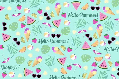 Plakat auf dem Hello Summer steht. Ebenso sind Wassermelonen, Orangen, Erdbeeren, Sonnenbrillen, Sonnenschirme und Blätter abgebildet. 