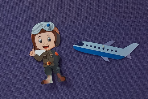 Comicfigur eines/einer Polit/in mit Flugzeug