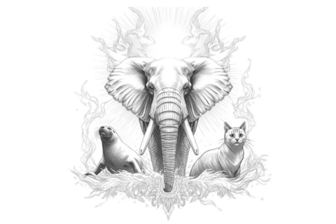 Gezeichnete Tiere: Elefant in der Mitte, daneben Seehund und Katze.